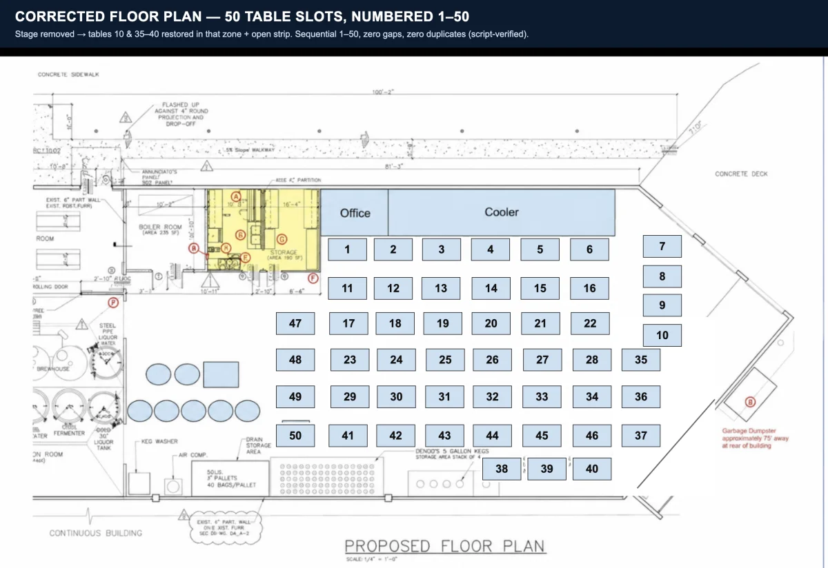 Rolling Waves floor plan — tables 1–50
